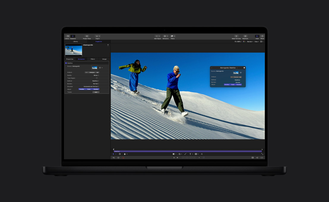 MacBook Pro รุ่น 16 นิ้ว, คู่รักกำลังวิ่งลงเนินทราย, การสาธิตการป้องกันภาพสั่นไหว