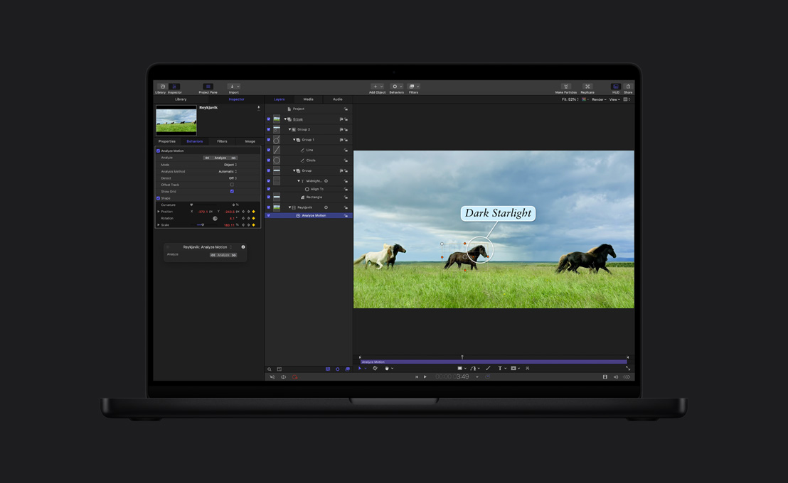 MacBook Pro รุ่น 16 นิ้ว, ม้า 5 ตัวกำลังวิ่งอยู่ในทุ่งหญ้าสีเขียว, การสาธิตการติดตามวัตถุ