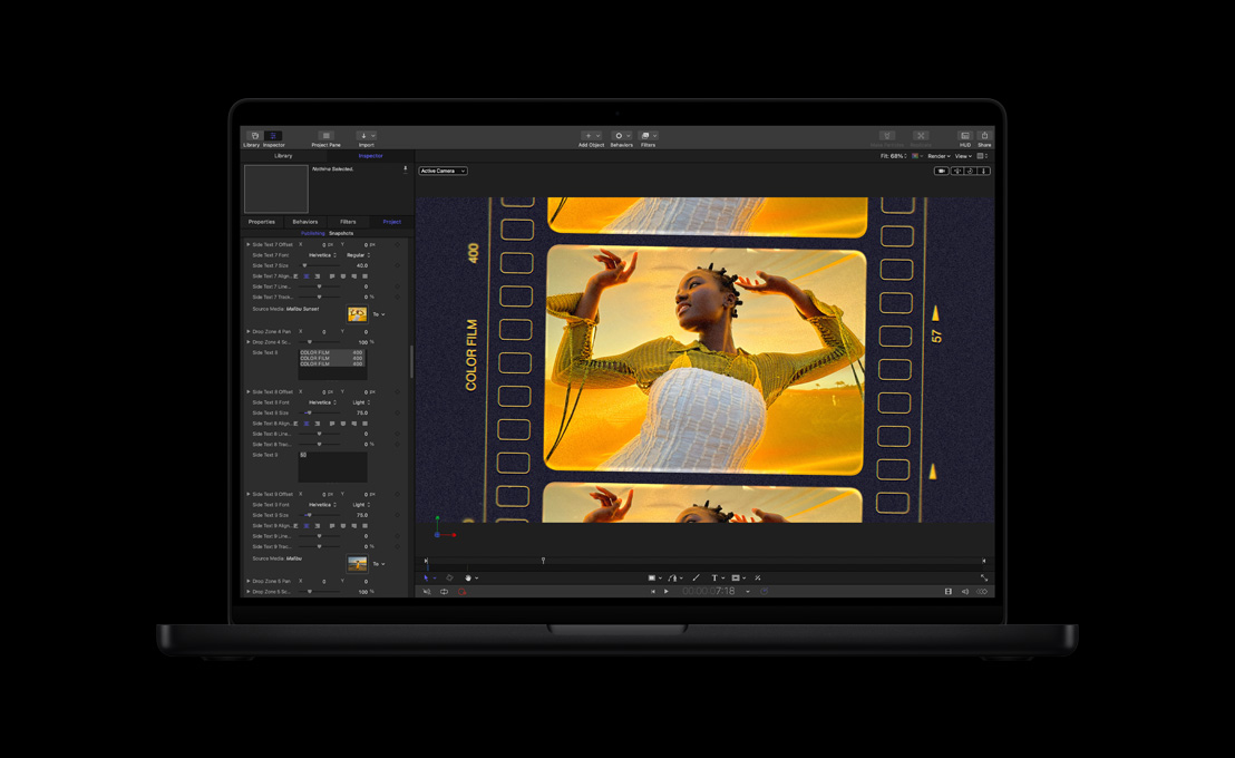MacBook Pro รุ่น 16 นิ้ว, ผู้หญิงเต้นอยู่หน้าพื้นหลังสีเหลืองและสีส้ม