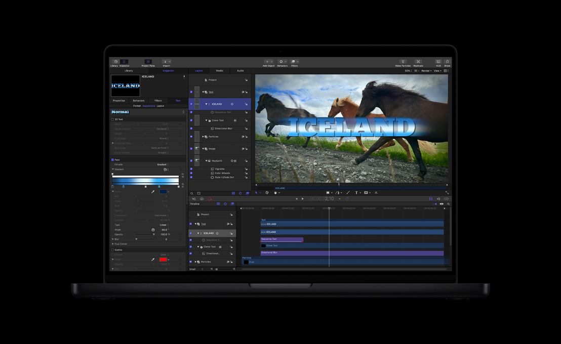 MacBook Pro รุ่น 16 นิ้ว, ชื่อเรื่องซ้อนทับอยู่บนภาพม้า 3 ตัวที่กำลังควบฝีเท้า, ชื่อเรื่องเขียนว่า Iceland