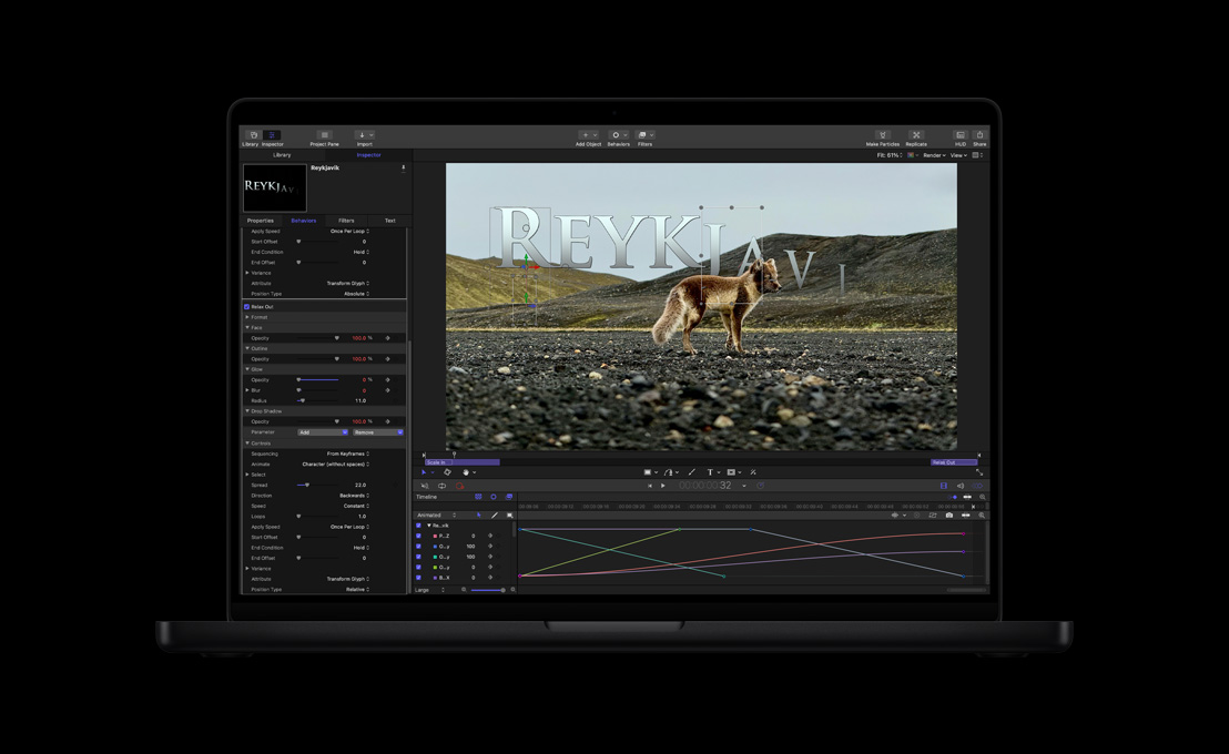 MacBook Pro รุ่น 16 นิ้ว, หมาป่าบนภูมิประเทศที่เวิ้งว้าง, การสาธิตแอนิเมชั่นข้อความ