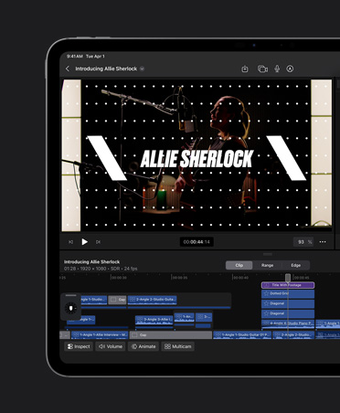 iPad Pro รุ่น 13 นิ้ว, การตัดต่อมิวสิควิดีโอที่มีการซ้อนทับชื่อเรื่องบนภาพ, เครื่องมือสำหรับเลือกสีและเลย์เอาท์ของฟอนต์, ชื่อเรื่องเขียนว่า Allie Sherlock