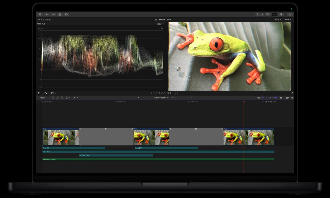 MacBook Pro รุ่น 16 นิ้ว, พื้นที่ทำงานใน Final Cut Pro, ภาพกบสีเขียวสดใสที่อยู่บนใบไม้