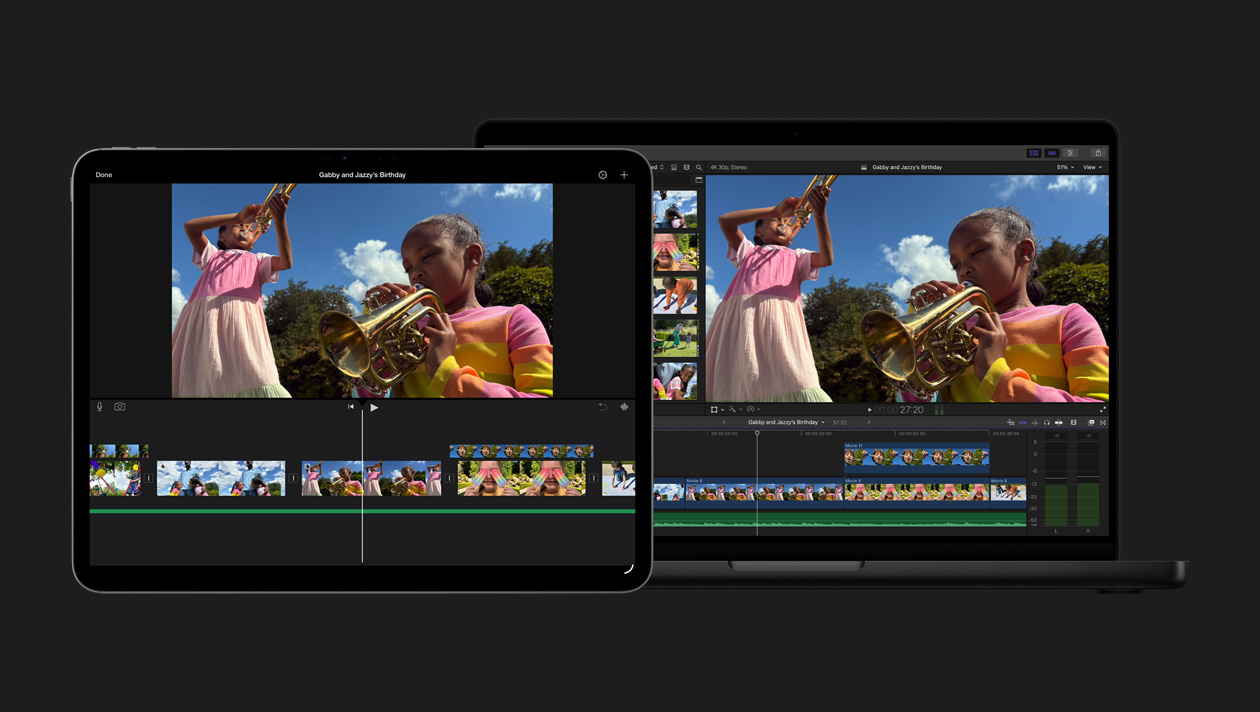 หน้าจอ MacBook Pro รุ่น 14 นิ้ว แสดงเด็กผู้หญิงสองคนกำลังเล่นทรัมเป็ตกลางแจ้ง, การสาธิตการนำเข้าไฟล์จาก iMovie, คลิปต่างๆ, หน้าจอ iPad Pro รุ่น 13 นิ้ว แสดงเด็กผู้หญิงสองคนกำลังเล่นทรัมเป็ตกลางแจ้ง, การสาธิตการนำเข้าไฟล์จาก iMovie, คลิปอยู่ที่ด้านล่าง