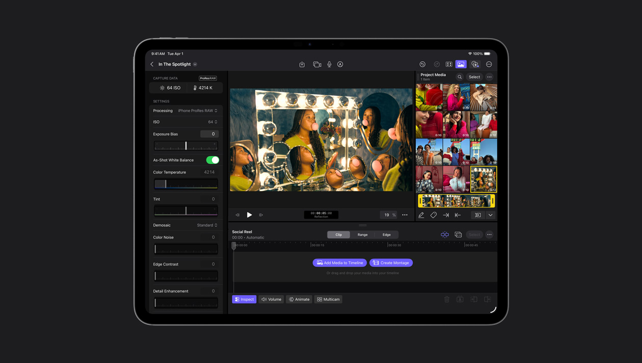 หน้าจอ iPad Pro รุ่น 13 นิ้ว แสดงภาพผู้หญิงถักเปียกำลังเป่าหมากฝรั่งอยู่หน้ากระจกหลายบาน, โดยมีสื่อที่ใช้ในโปรเจ็กต์อยู่ทางขวา, แผงการตั้งค่าอยู่ทางซ้าย, คลิปรีลสำหรับสื่อโซเชียลอยู่ด้านล่างของหน้าจอ