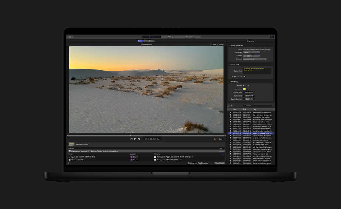 MacBook Pro รุ่น 16 นิ้ว, เนินทรายที่เวิ้งว้าง, การสาธิตการส่งออกไฟล์ใน Compressor