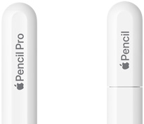 Apple Pencil Pro, den afrundede ende er graveret med ordene Apple Pencil Pro, Apple Pencil (USB‑C), hætten er graveret med ordene Apple Pencil.
