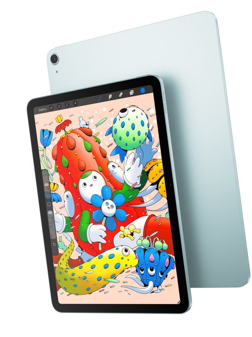 Forsiden af 11"-modellen af iPad Air, der viser Procreate og overlapper bagsiden af en iPad Air i blå