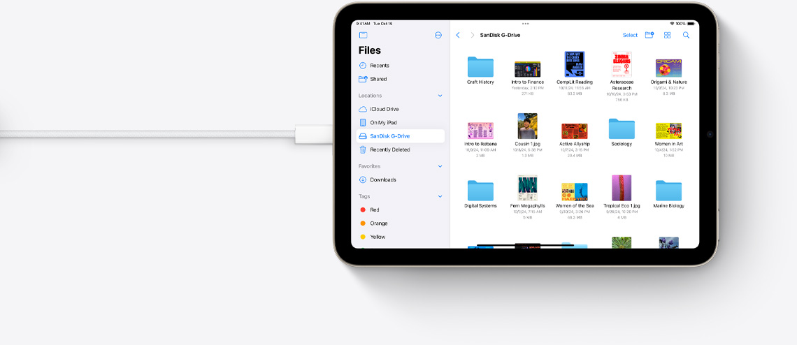 Файли на iPad mini, підʼєднаному до кабелю USB-C, у горизонтальному положенні.