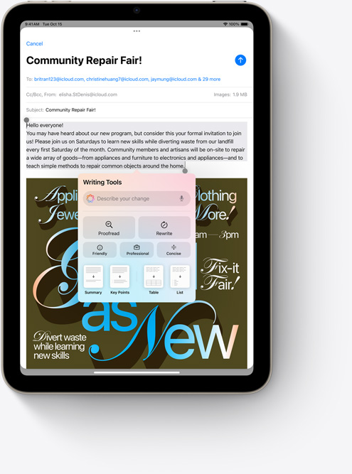 На iPad mini показано Засоби письма в Пошті — нову функцію Apple Intelligence.