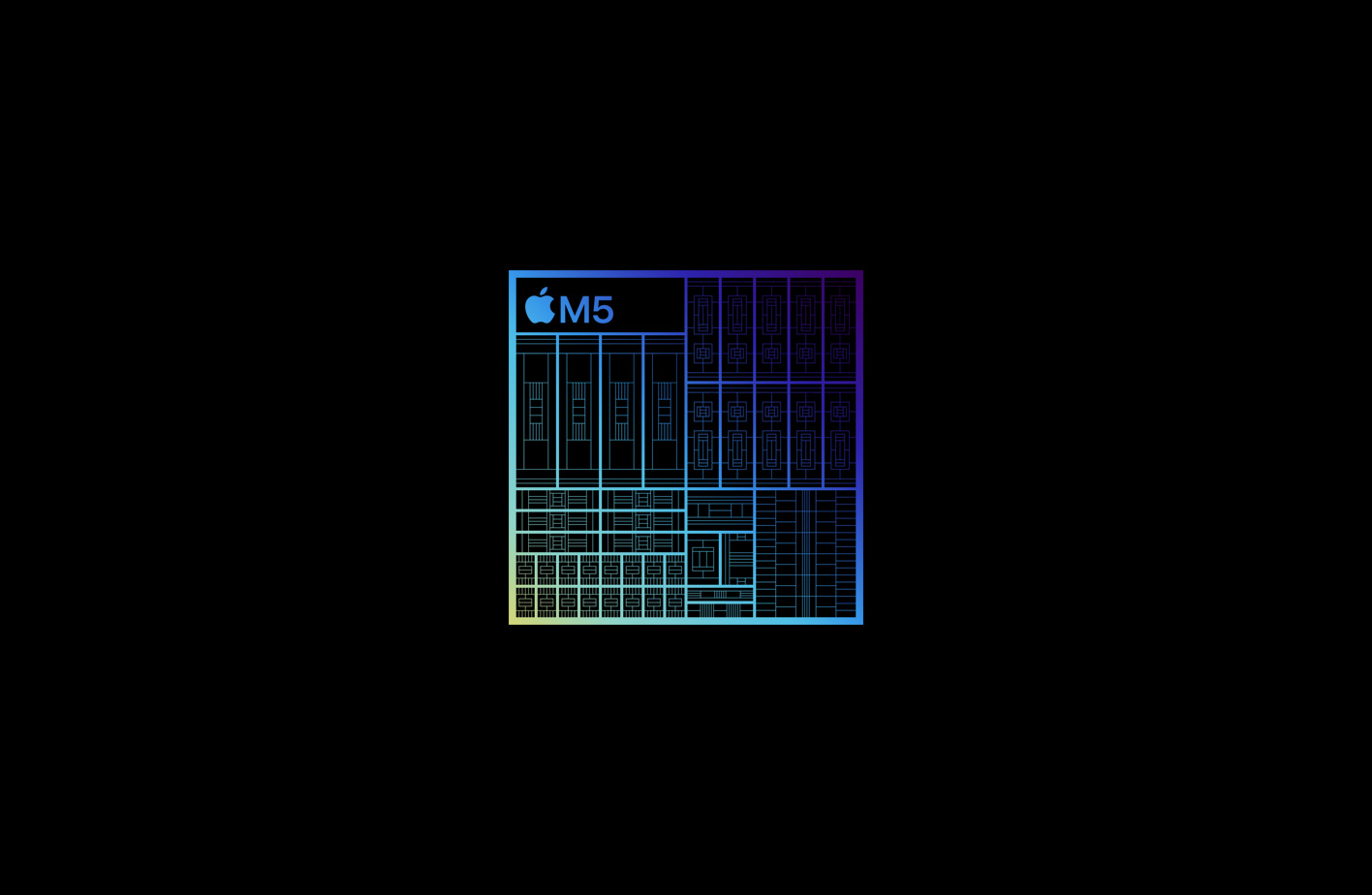 Rendering of magnified silicon architecture of M5 chip, green, blue, and purple color scheme, intricate circuitry, various components and connectors