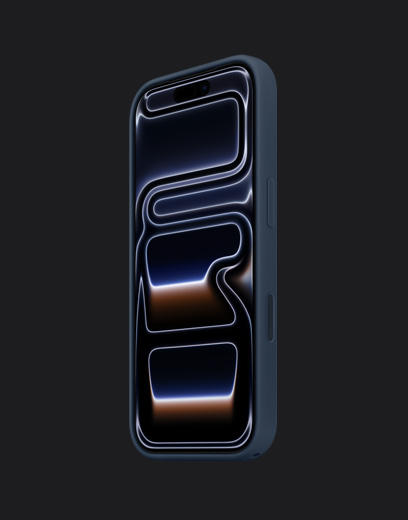 iPhone 17 Pro, esikülg, sügavsinine viimistlus, silikoonümbris, mereväesinine värvitoon