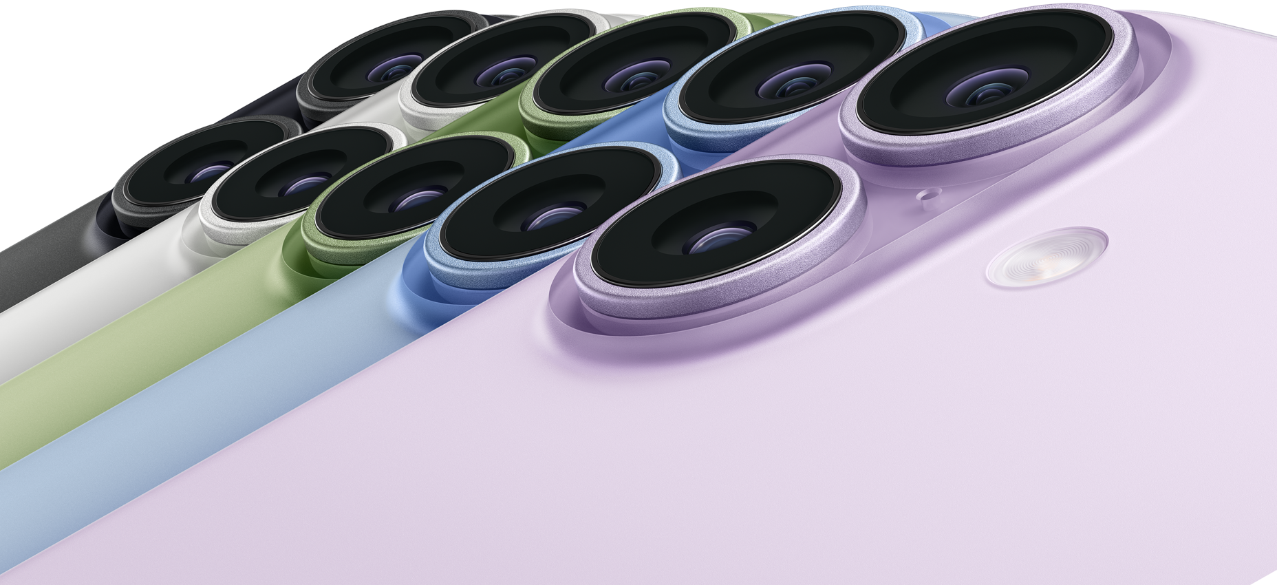 Fünf iPhone 17 Geräte, Rückseite, oben links, Dual Fusion Kamera-System, Farben: Schwarz, Weiß, Salbei, Nebelblau, Lavendel
