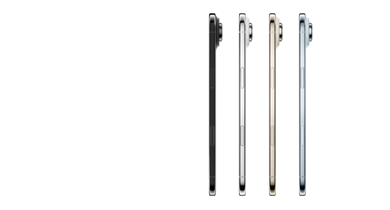 iPhone Air, eksterior samping, warna: Biru&nbsp;Langit, Emas&nbsp;Muda, Putih&nbsp;Awan, dan Hitam&nbsp;Angkasa, bentuk sangat tipis, sistem kamera Fusion, tombol: samping, Kontrol&nbsp;Kamera