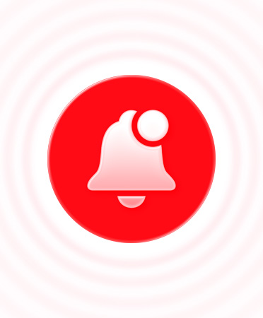 Pale pink bell icon in red circle with light pink rings around it illustrating different levels of noise