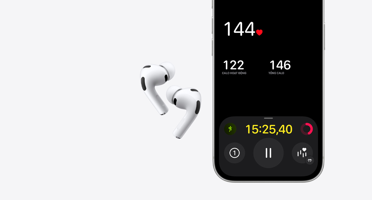 AirPods Pro 3 và Hộp Sạc MagSafe (USB-C), màu trắng, nửa dưới của màn hình iPhone 17 Pro, ứng dụng Thể Dục, tính năng cảm biến nhịp tim