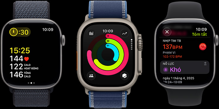 Ba thiết bị Apple Watch với các chỉ số tập luyện, vòng Hoạt Động và thông tin chuyên sâu sau khi tập trên màn hình