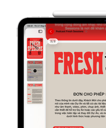iPad, nằm ngang, Apple Pencil gắn kết bằng nam châm ở cạnh trên của iPad, phía trên bên trái màn hình hiển thị PDF trong ứng dụng Xem Trước